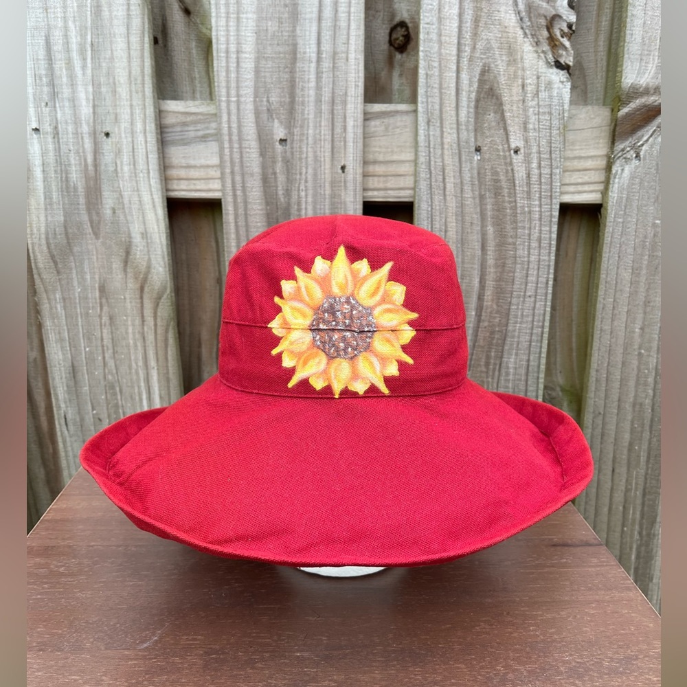 Scala Big Brim Hat in Dark Red with Hand Painted Sunflower